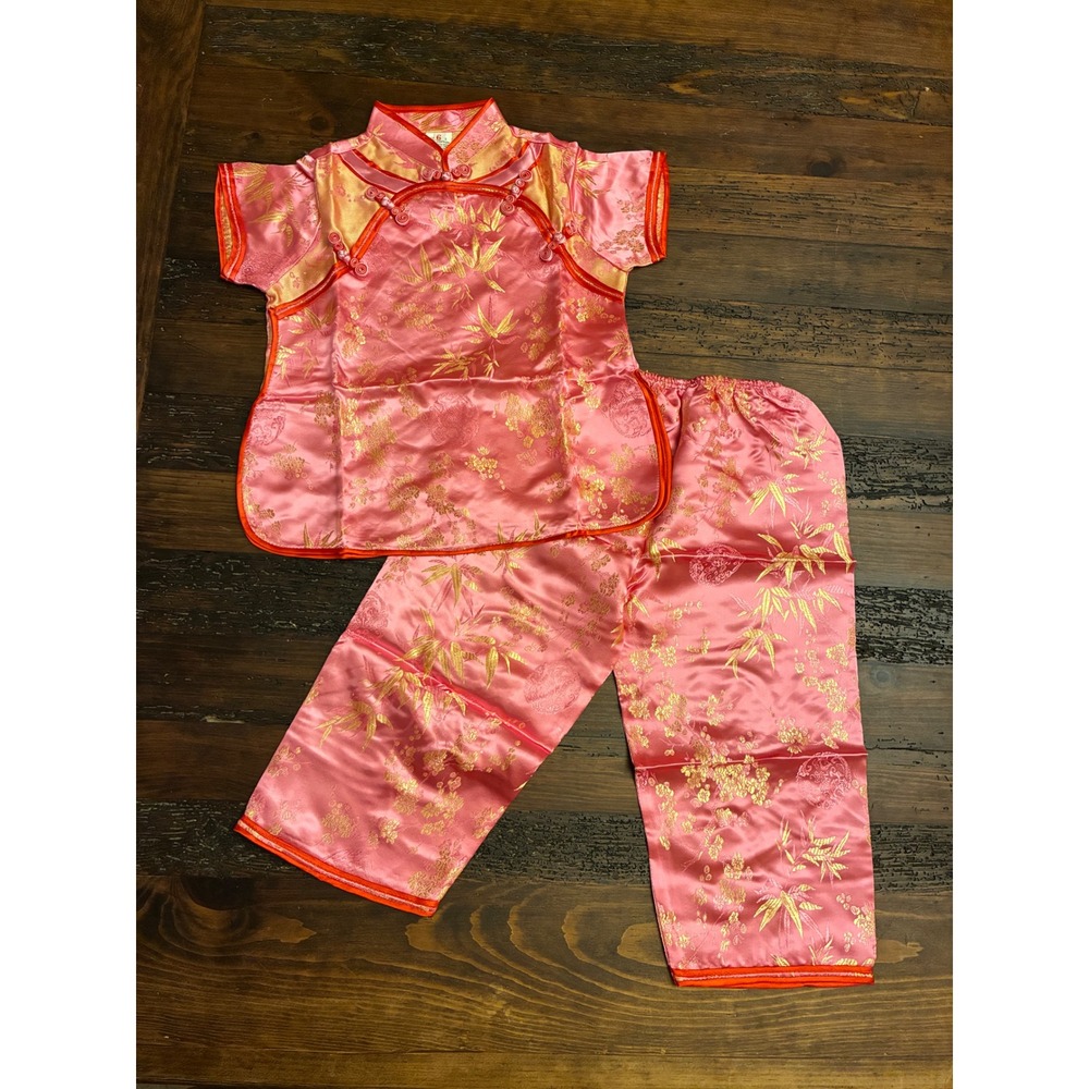 Kids Pink Qipao 2 Piece Matching Set Silk Cotton Bamboo Print Girl's Size 6
